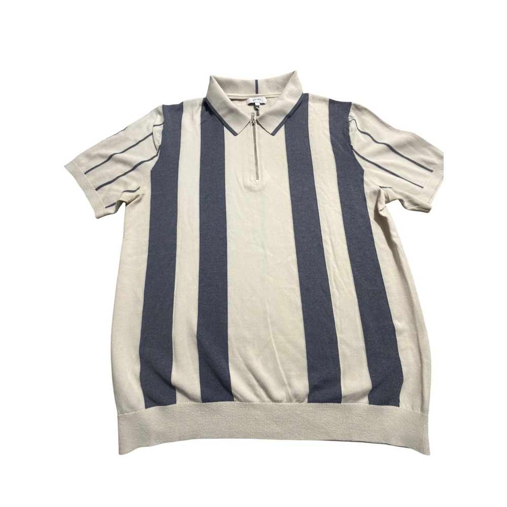 Reiss Leo Mens Large Cream Navy Blue Striped Quarter Zip Knit Polo Shirt